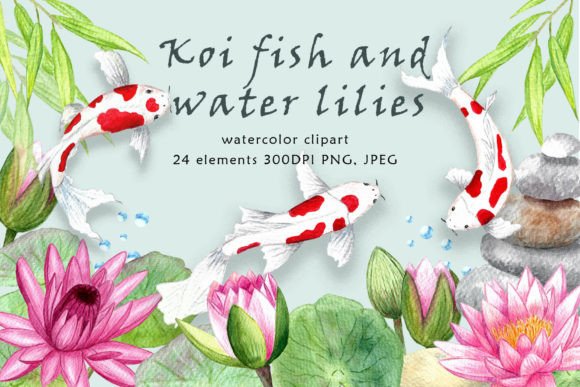 Elevating Digital Design with High-Resolution Watercolor Koi Fish and Water Lilies Clipart